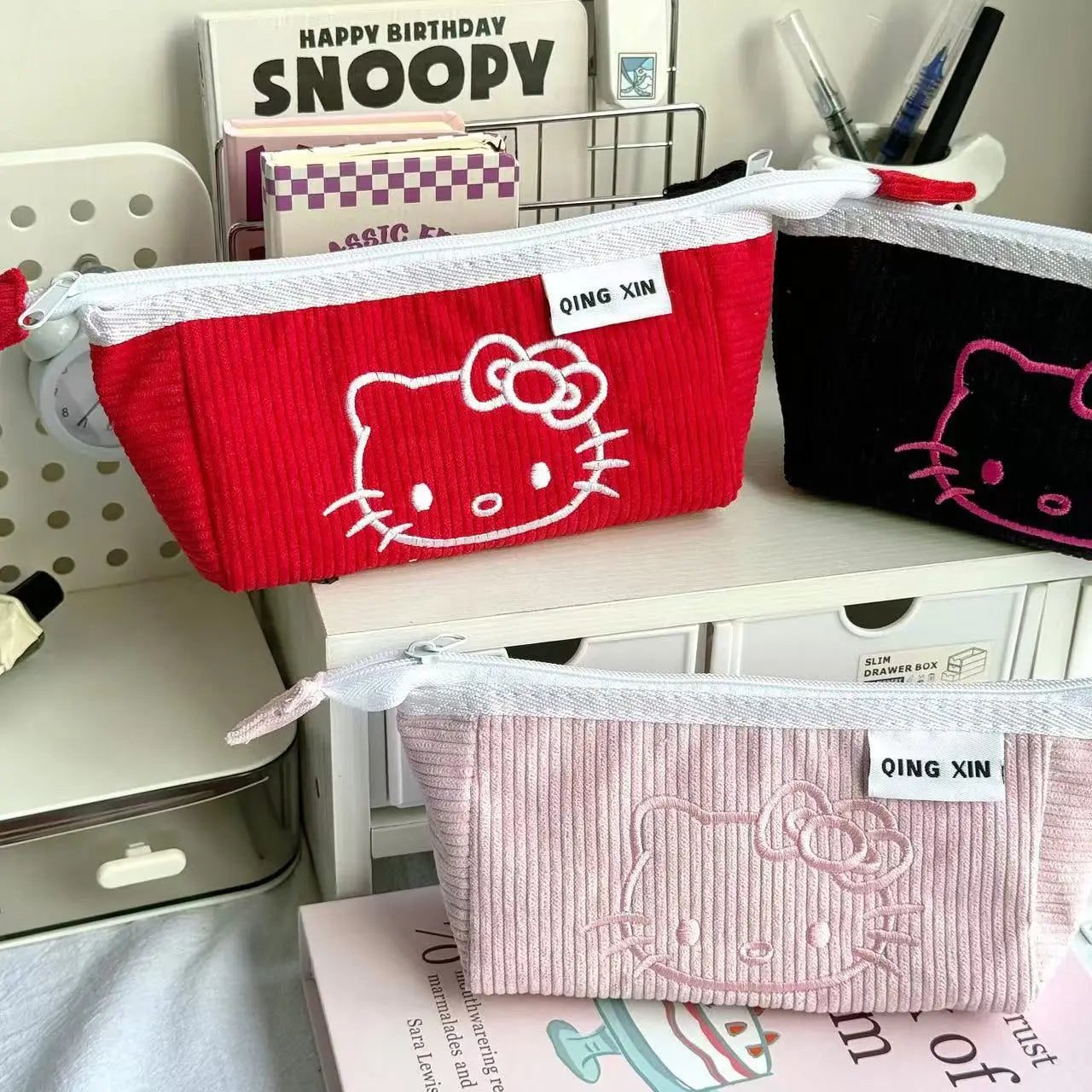 Hello Kitty Corduroy Pencil Case – 2-Layer Sanrio Stationery Organizer