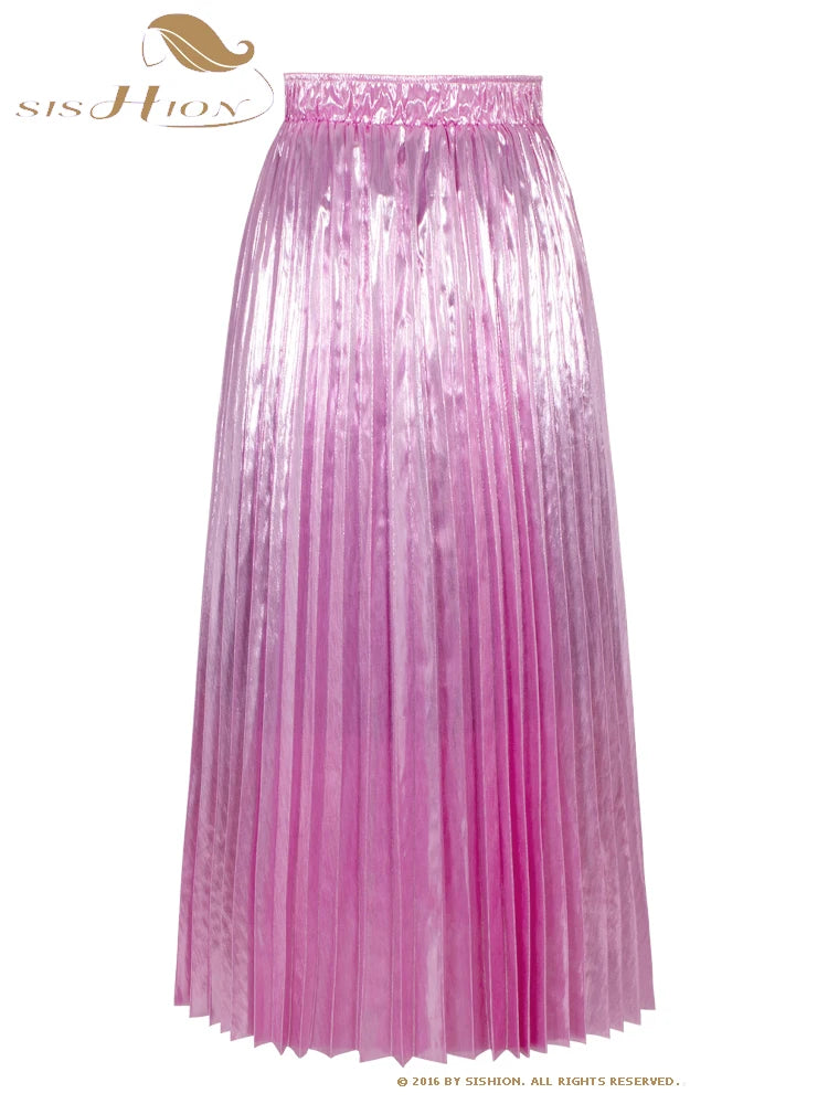 SISHION 2025 New Spring Shiny Long Midi Skirts for Women SS0039 Elastic Waist Metallic Elegant Fashion Golden Black Pink Skirt