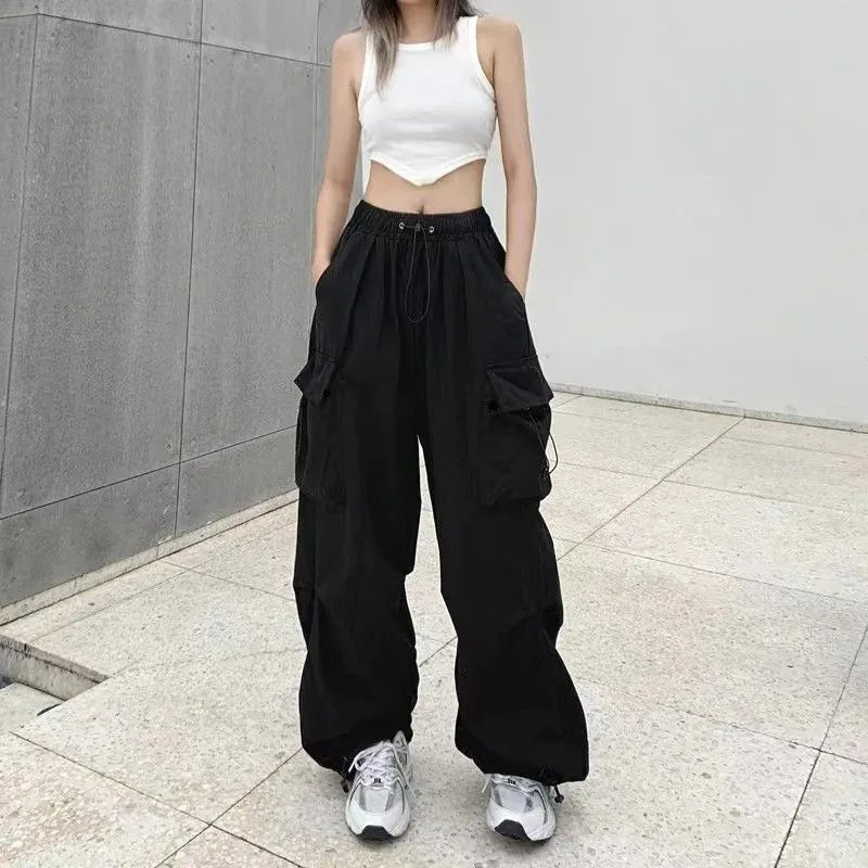 Women Casual Joggers Tech Pants Solid Low Waist Pants Drawstring Wide Leg Baggy Trousers Y2k Streetwear Oversize Sweatpants