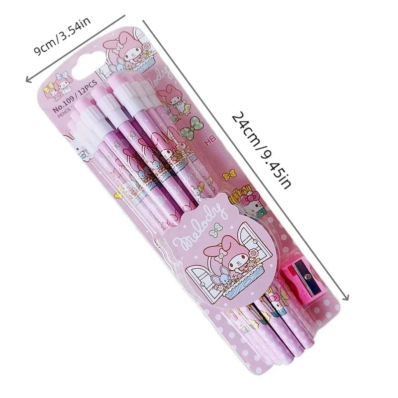 Sanrio HB Pencil Set – 12 Cute Cinnamoroll & Kuromi Pencils + 1 Roller Box for Writing & Drawing Fun