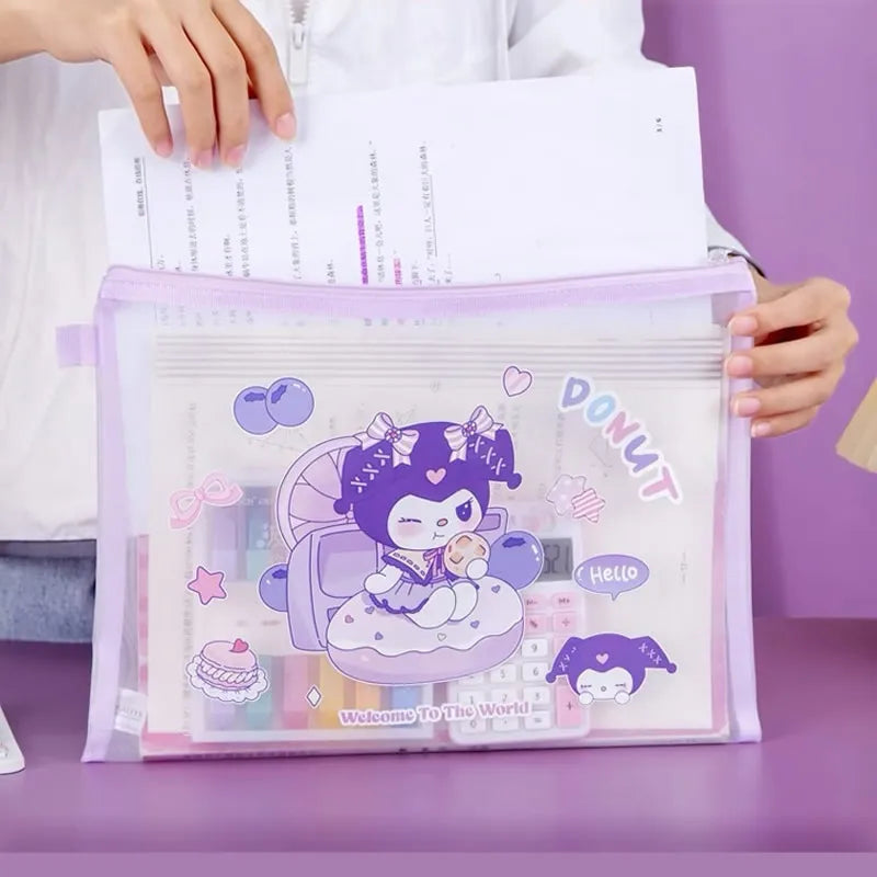 Sanrio A5 Mesh Zipper Pouch – Cute Melody, Kuromi & Cinnamoroll Document Organizer for School & Stationery Fans
