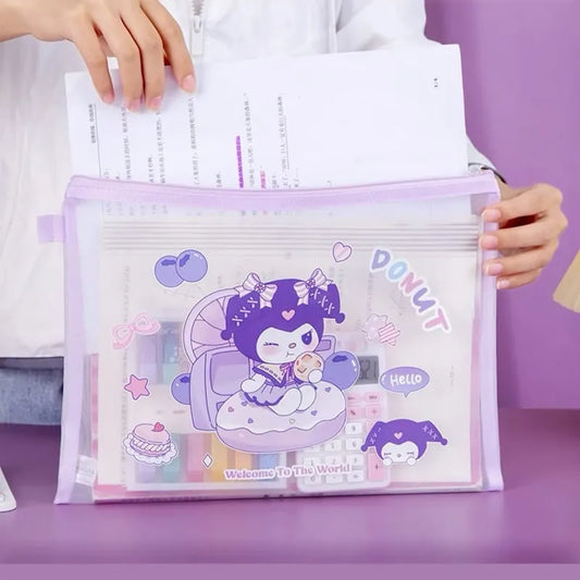 Sanrio A5 Mesh Zipper Pouch – Cute Melody, Kuromi & Cinnamoroll Document Organizer for School & Stationery Fans