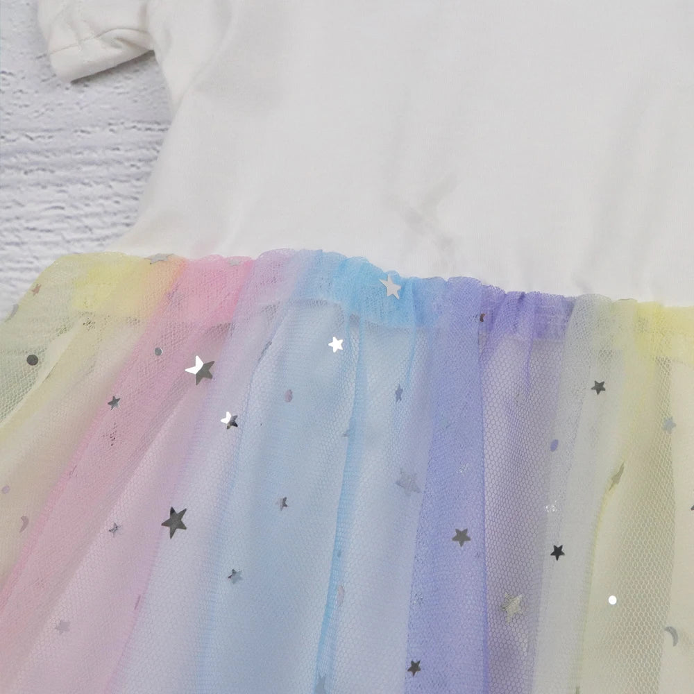 2025 New Girls Dress Summer Kids Clothes Children Princess Baby Stitch Fashion Stich Short Sleeve Party Dresses Rainbow 2-8Y
