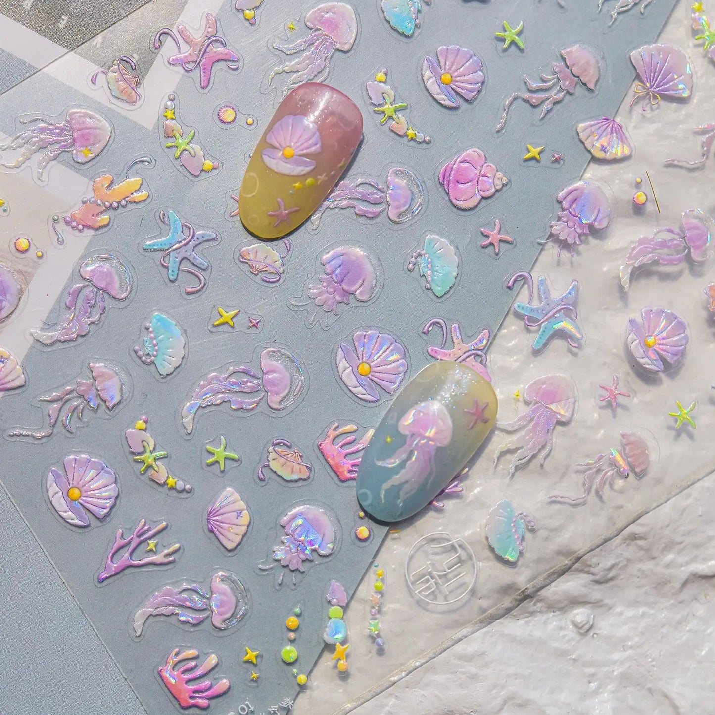Colorful & Fun Beach Bloom Nail Art – 5D Stickers with Coral, Petals & Ocean Charms