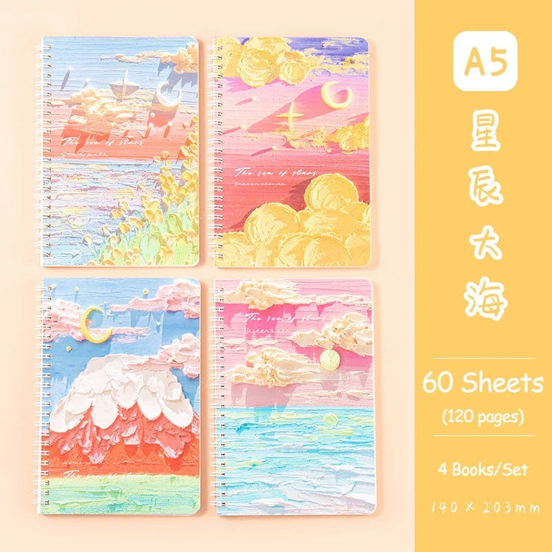 A5 Oil Painting Cover Coil Lined Notebook Set 1/2 Random Cute Books Kawaii Korean Stationery School Supplies for Students