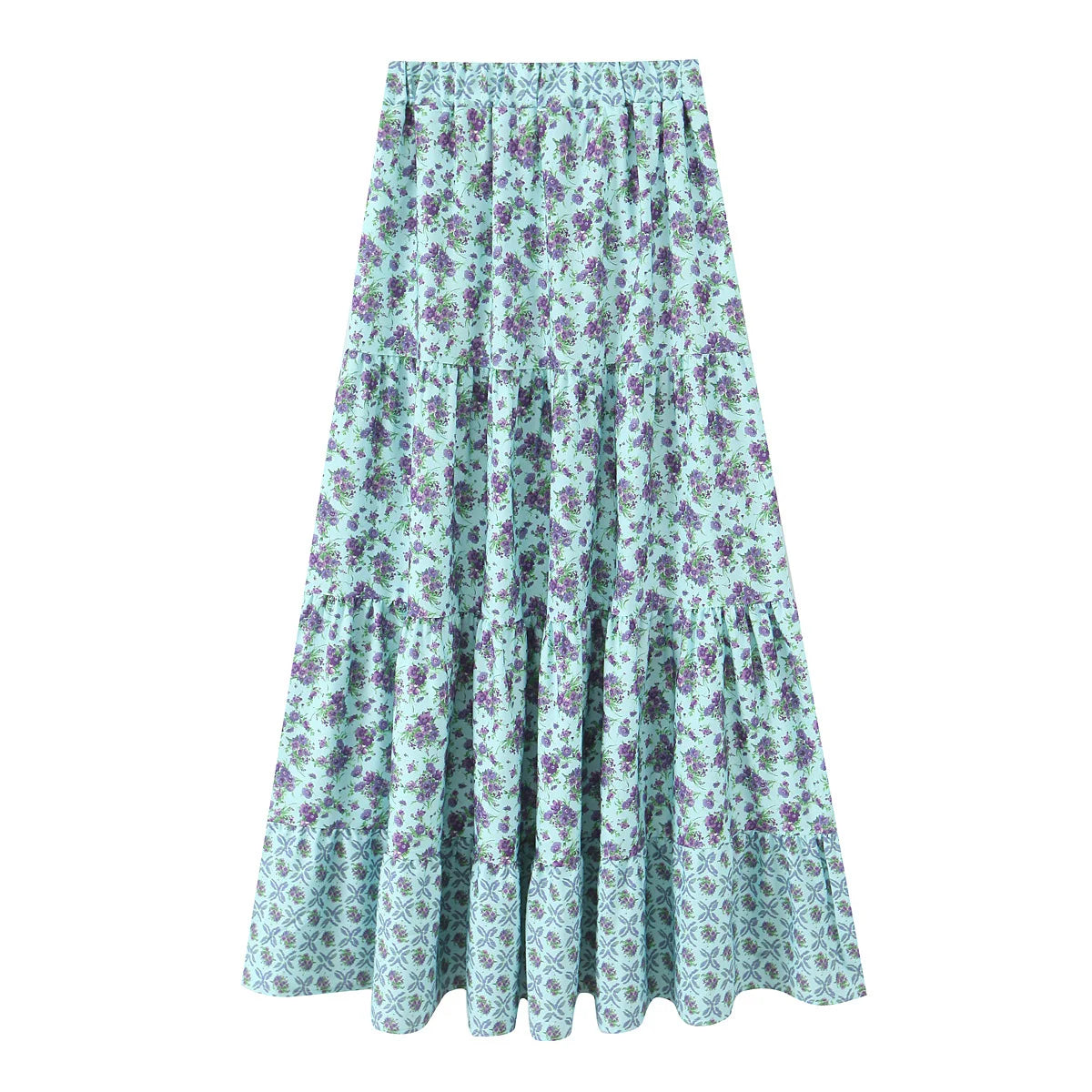 Elegant Women Holiday Wind Floral Print Tirred Ruffles Long Skirt Faldas Mujer Female Summer Elastic Waist Skirts QUN9083