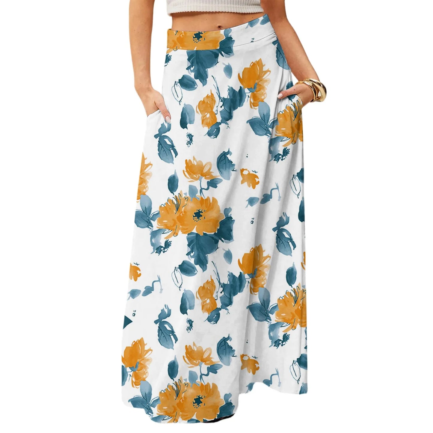 Women's Straight Skirt Casual Summer Floral Print Bohemian Skirt Flowing Maxi Skirts with pockets High waist Elastic skirt