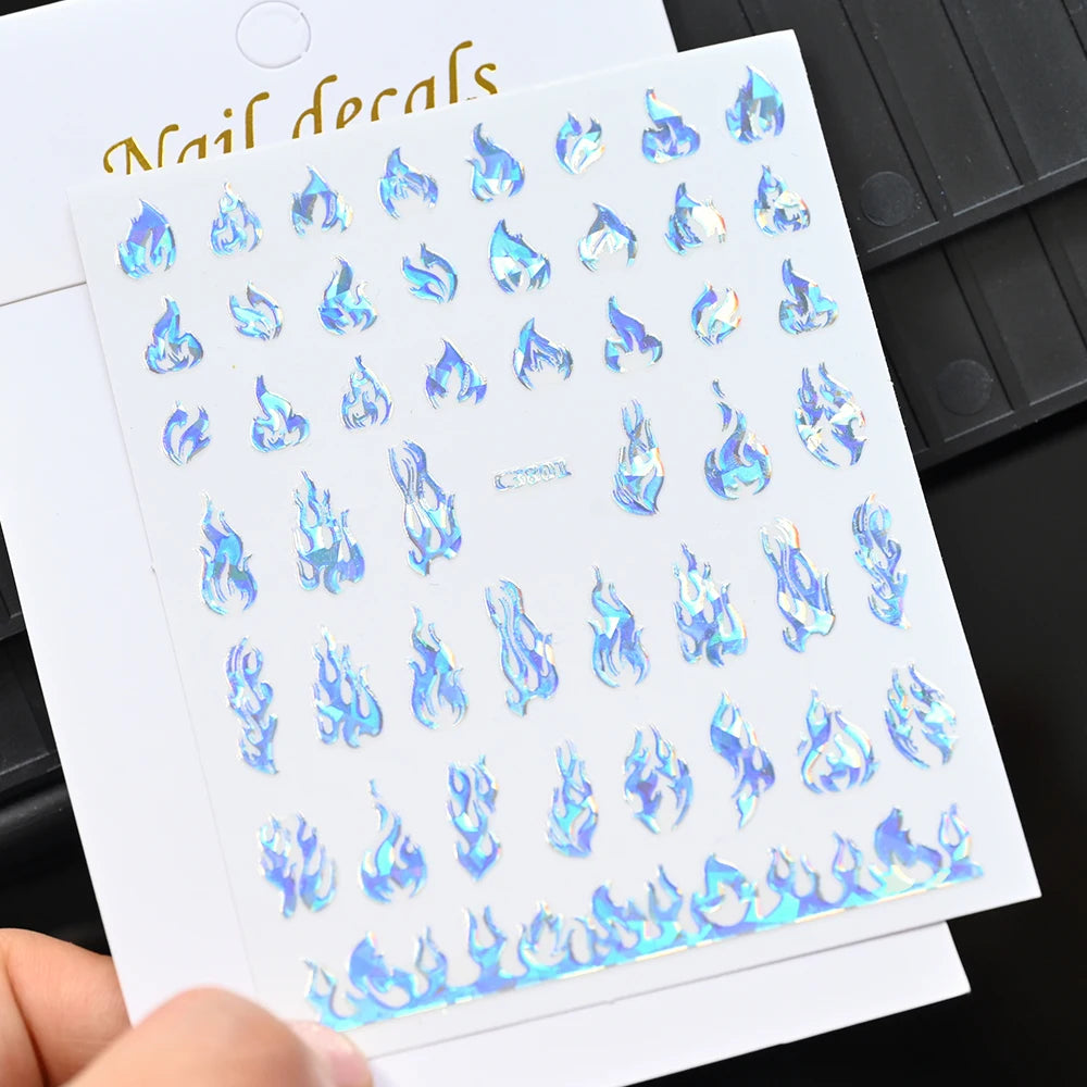 Glitter Flame Nail Art Set – Self-Adhesive Silver Stickers with Butterfly Foil for Manicure Magic