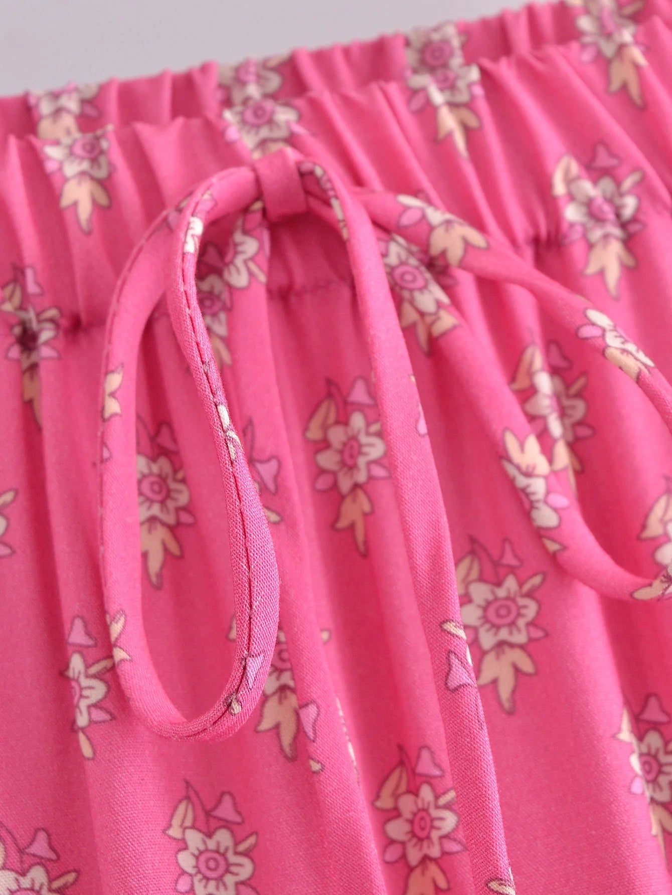2022 BOHO Orange Flower Print Long Skirt Spliced Ruched Ruffle Hem Hippie Women Ball Tassel Bow Waist Swing Skirts Holiday