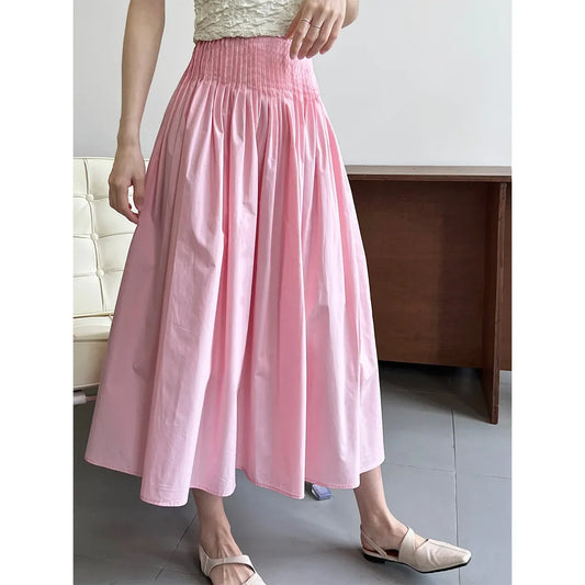 Elegant High-Waisted Pink A- Line Skirt Sweet Umbrella Design Sensibility Plenty of Pleats Medium-Length Women's Fashion
