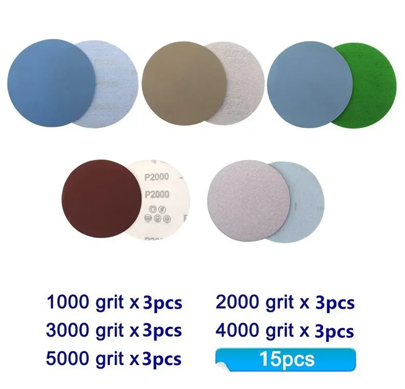 15 PCS Inches Grit 1000 2000 3000 4000 5000 Sanding Discs Hook Loop Sandpaper Round Disk