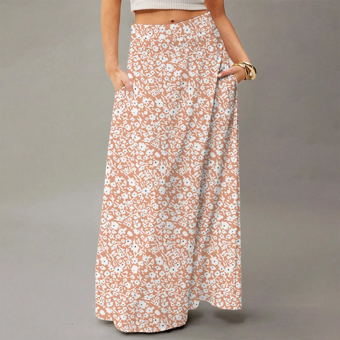 Women's Straight Skirt Casual Summer Floral Print Bohemian Skirt Flowing Maxi Skirts with pockets High waist Elastic skirt