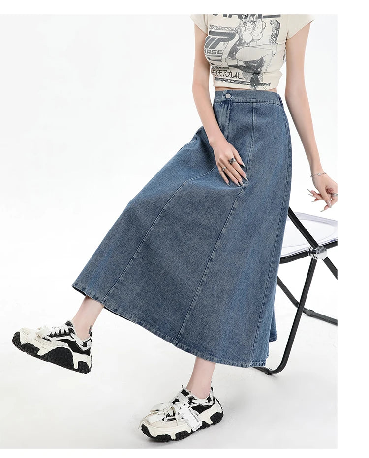 Long Denim Skirt Women 2024 Spring Summer New Arrivals High Elastic Waist A Line Jeans Skirts Korean Fashion Casual Blue Skirts