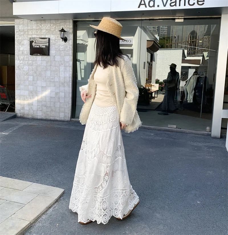 SMTHMA New Korean Retro French Hook Flower Hollow Design Elastic Knitted Skirt Women's Elastic High Waist A-line Long Skirt