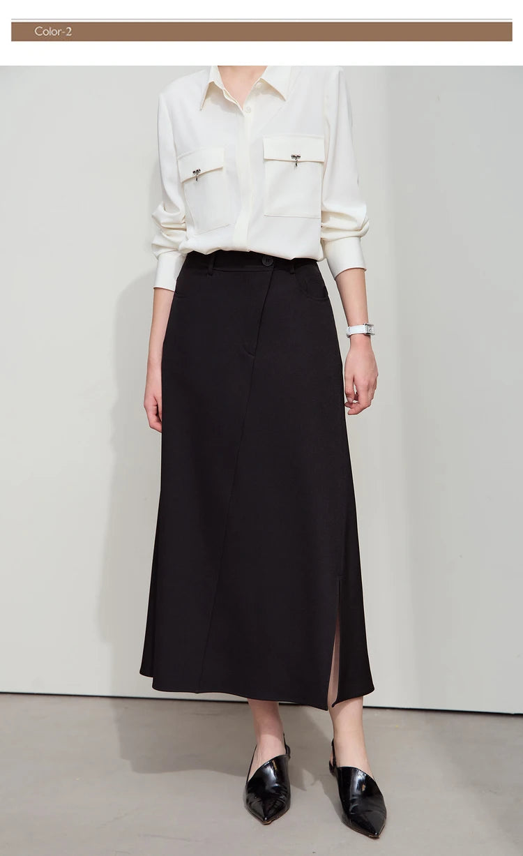 Amii Minimalist Spring New Commuter Asymmetrical Oblique Placket Split Skirt Non Ironing Anti Wrinkle A Shape Skirt 12551003