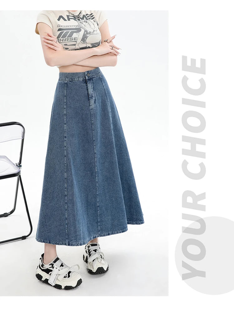 Long Denim Skirt Women 2024 Spring Summer New Arrivals High Elastic Waist A Line Jeans Skirts Korean Fashion Casual Blue Skirts