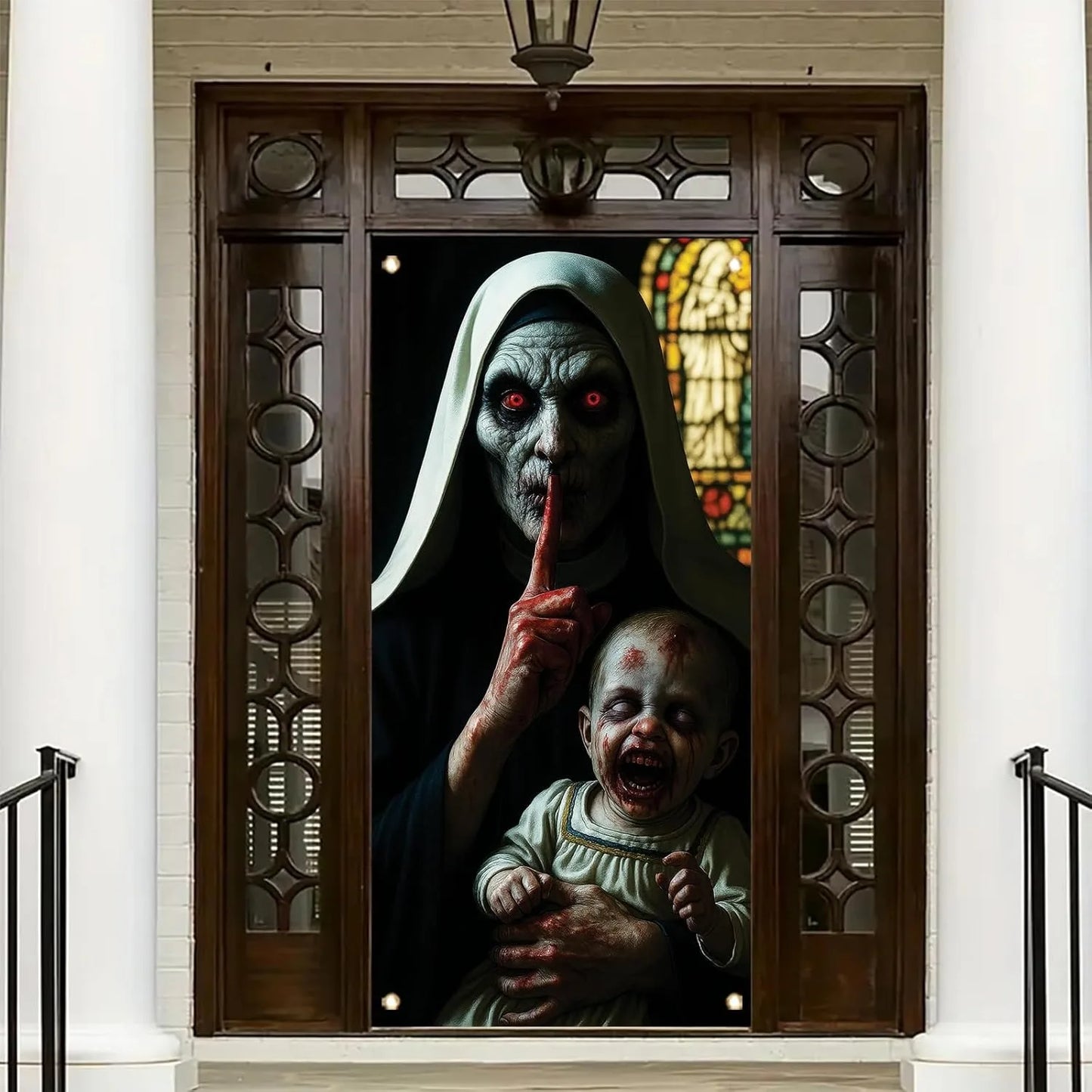 One Halloween door decoration, a terrifying zombie peeping banner, eerie monsters, a front door curtain, terrifying decorations