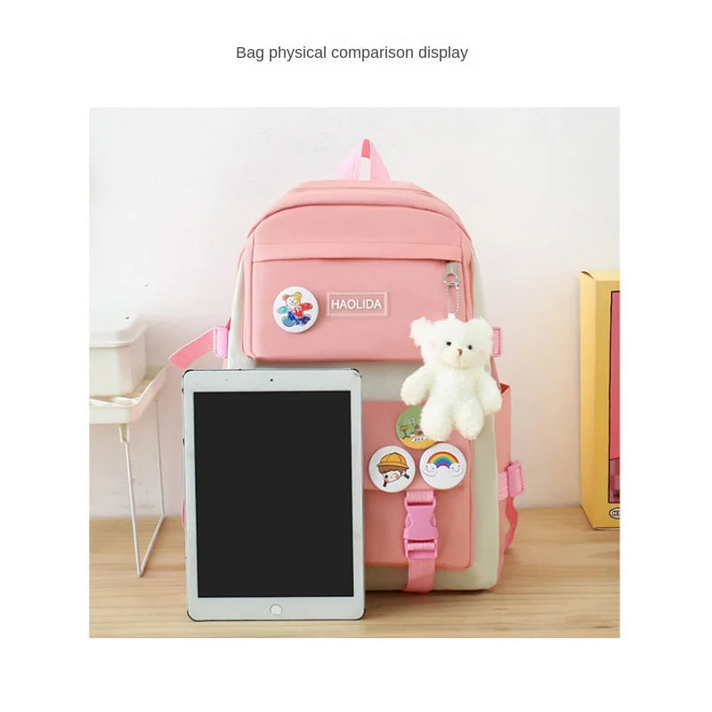 Autumn New Canvas Backpack Women's Korean Version Large Capacity Five-Piece Set Middle School Student Backpack College Student S