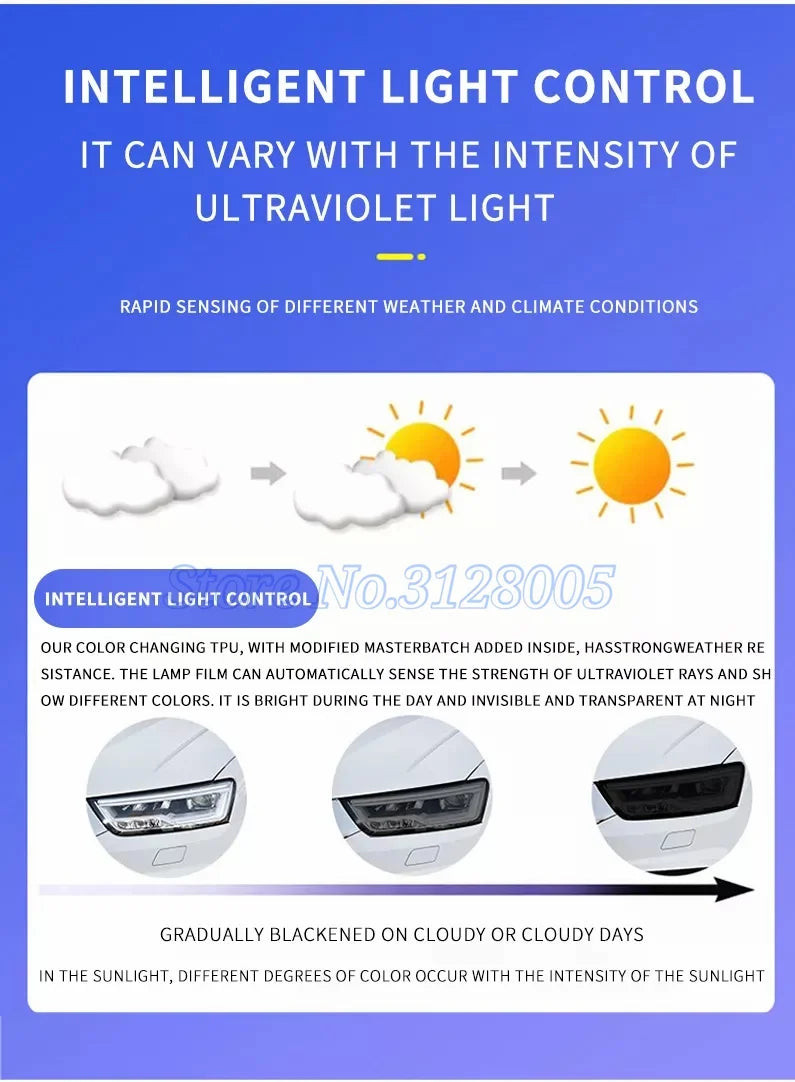 60 50CM 40CM 30CM Car Styling PPF TPU Smart Photochromic Headlight Protection Film Color-Changing Self-healing Anti-scratch Film