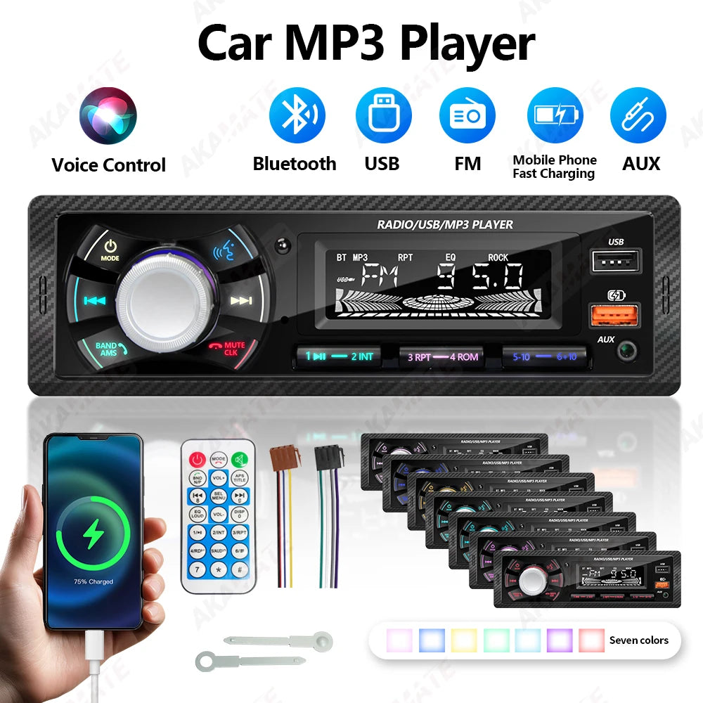 1 Din Car Radio MP3 Multimedia Player FM Radio Bluetooth AUX USB Support Phone Charging Colorful Light Display Stereo Autoradio