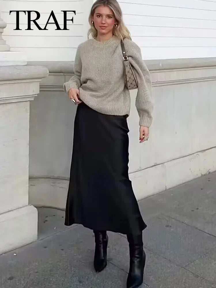 TRAFZA Women Satin Skirt High Waist Midi Skirt Stylish Long Skirts For Women Fashion Chic And Elegant Woman Skirt Streetwear