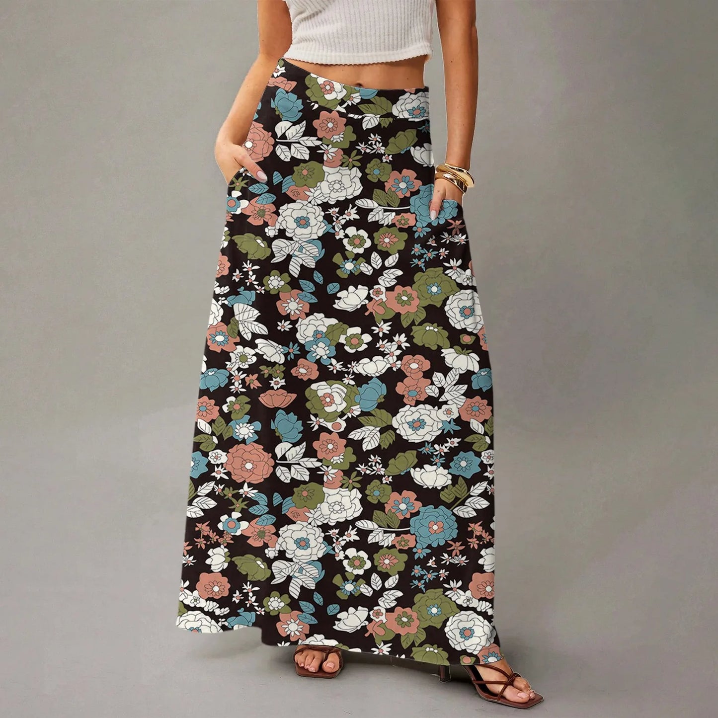 Women's Straight Skirt Casual Summer Floral Print Bohemian Skirt Flowing Maxi Skirts with pockets High waist Elastic skirt