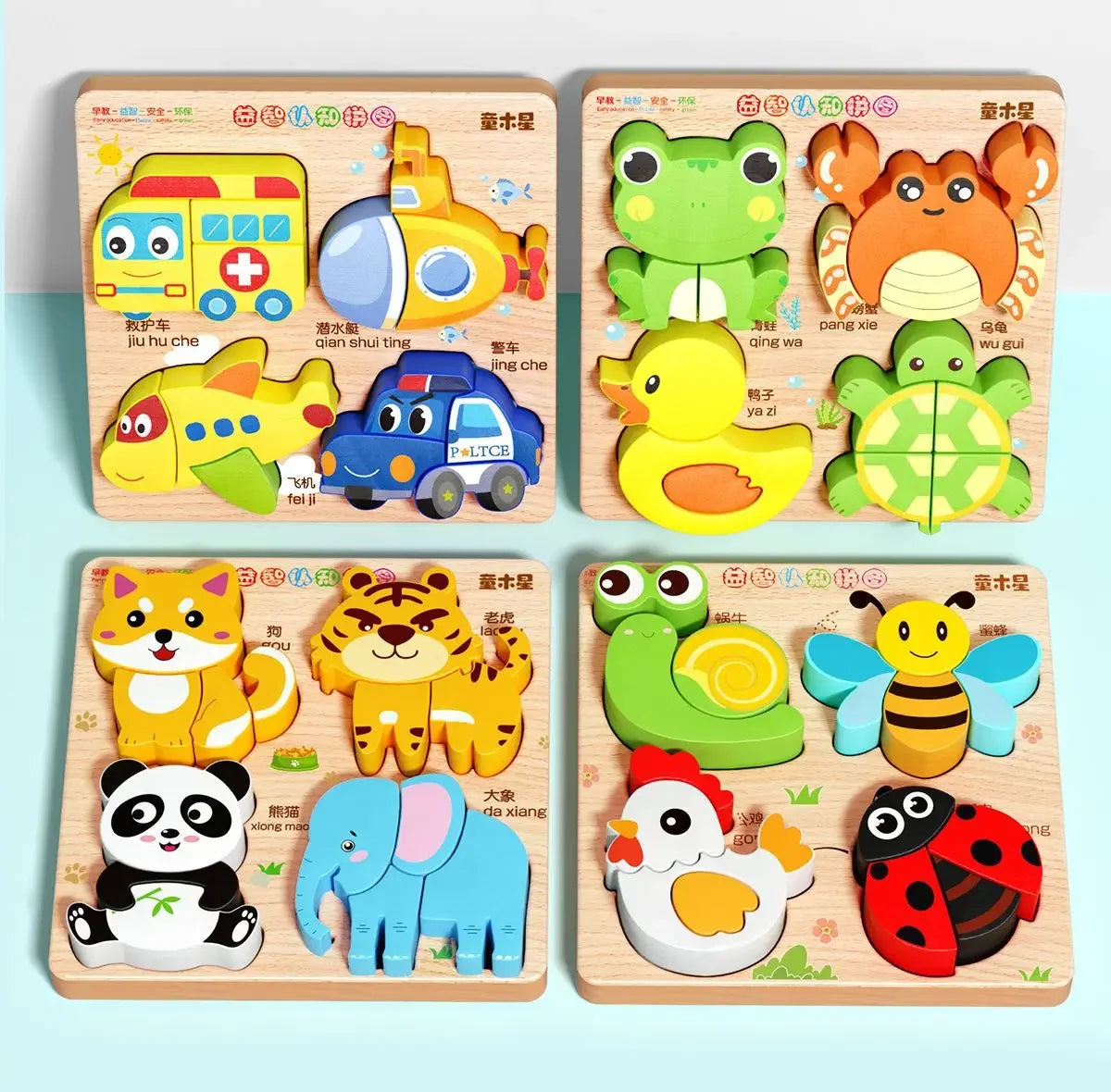 Animal Traffic Puzzles Toys for Kids Montessori Cartoon 3D Wooden Jigsaw Early Learning Educational Cognitive Game Children Gift
