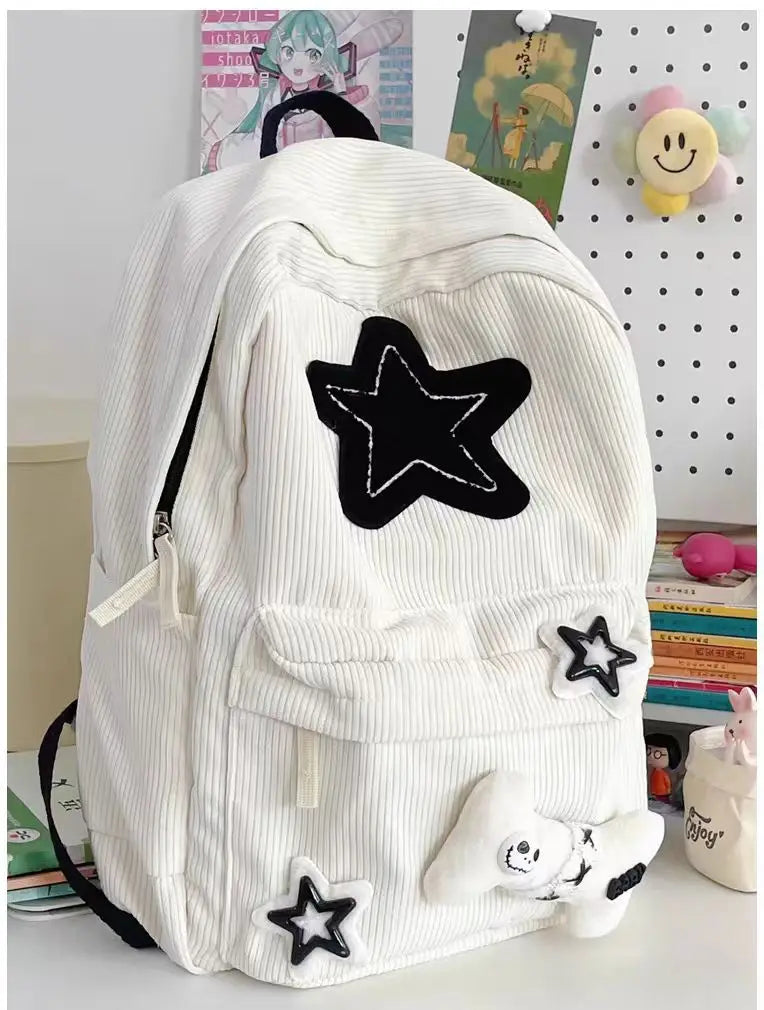 Starry Y2K Corduroy Backpack – Big Space, Bold Style for Trendy Teens!