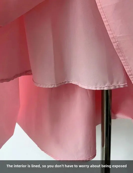Elegant High-Waisted Pink A- Line Skirt Sweet Umbrella Design Sensibility Plenty of Pleats Medium-Length Women's Fashion