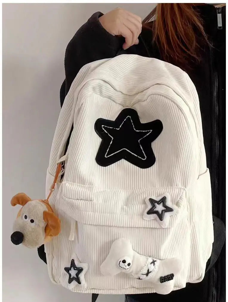 Starry Y2K Corduroy Backpack – Big Space, Bold Style for Trendy Teens!