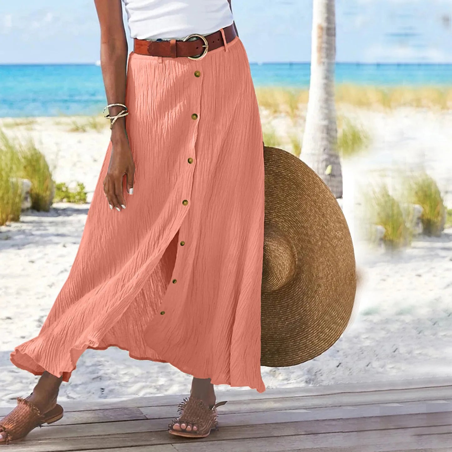 Women'S Half Skirt Midi Skirts For Women Bohemian Skirt High Waist Party Beach Button Skirt Women'S Loose Cotton And Linen Skirt