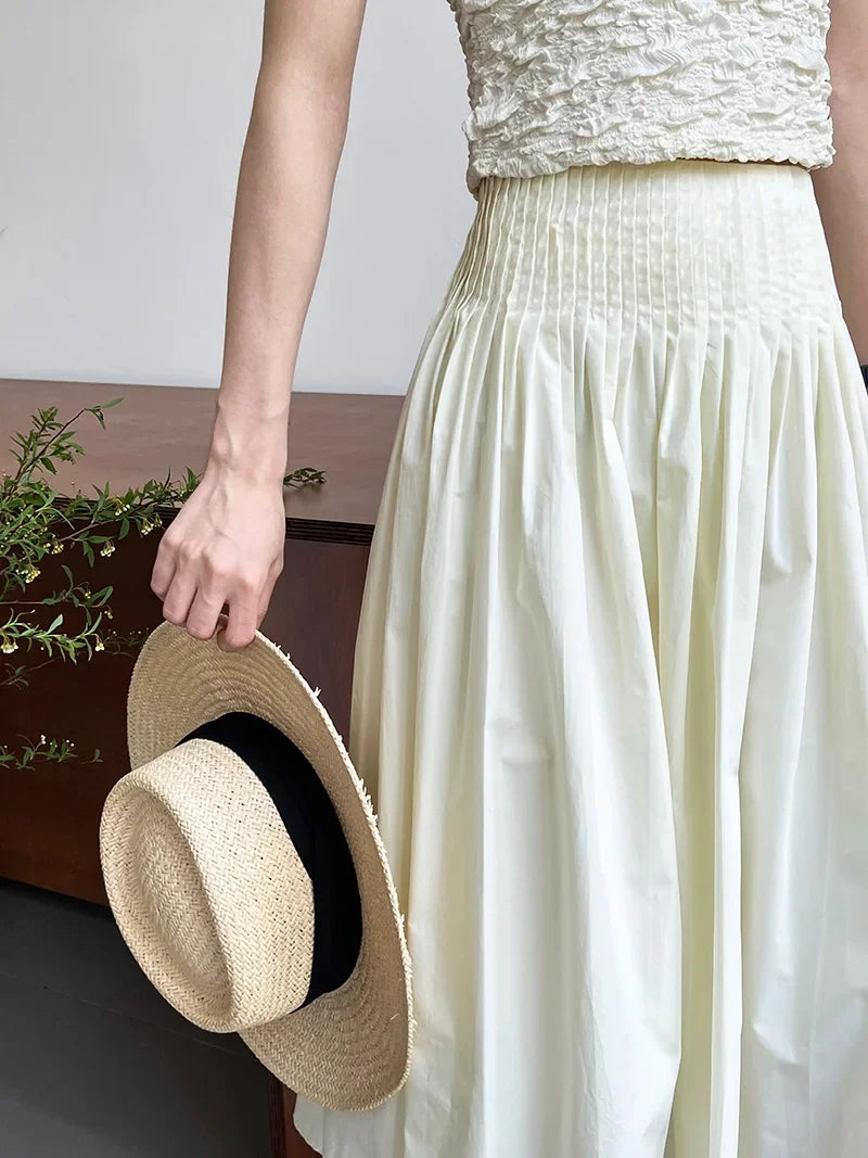 Elegant High-Waisted Pink A- Line Skirt Sweet Umbrella Design Sensibility Plenty of Pleats Medium-Length Women's Fashion