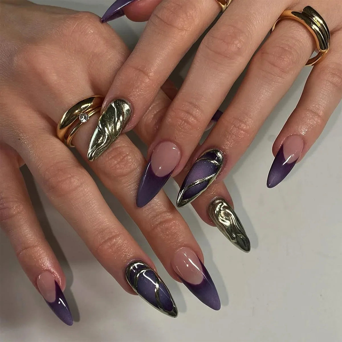 24PCS Almond Stiletto Press-On Nails – French Design with Metallic Shine & Glue Included