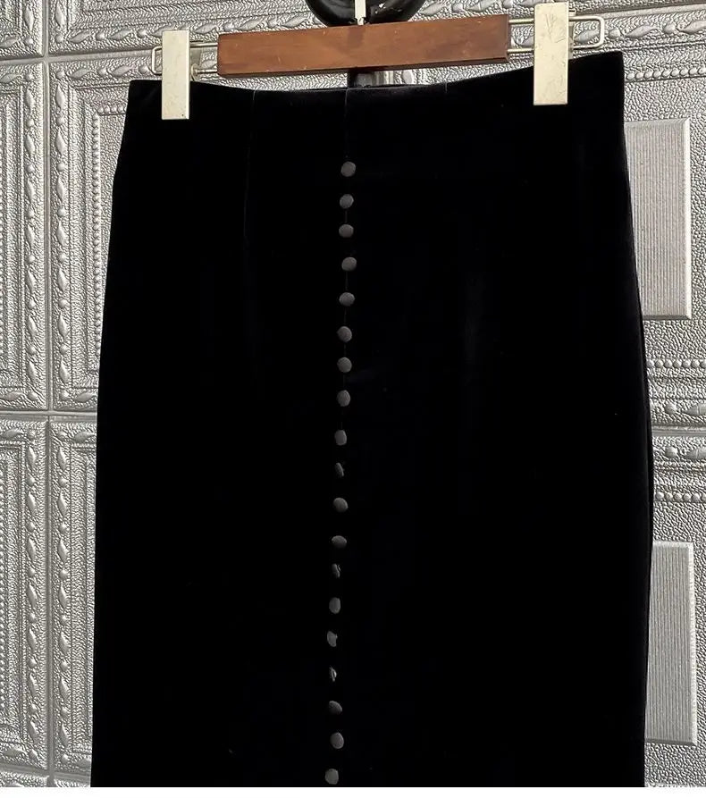 2025 Faldas Mujer De Moda Vintage Long Skirt High Waist A-line Velvet Jupe Fashion Single Breasted Long Skirts Temperament Saia