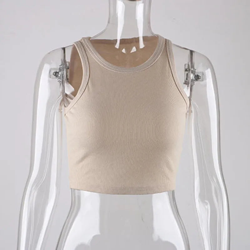 Rib Knit Green Women's Tank Top Summer Casual Basic Skinny Vest Sleeveless White Off Shoulder Y2K Sexy Woman Crop Top