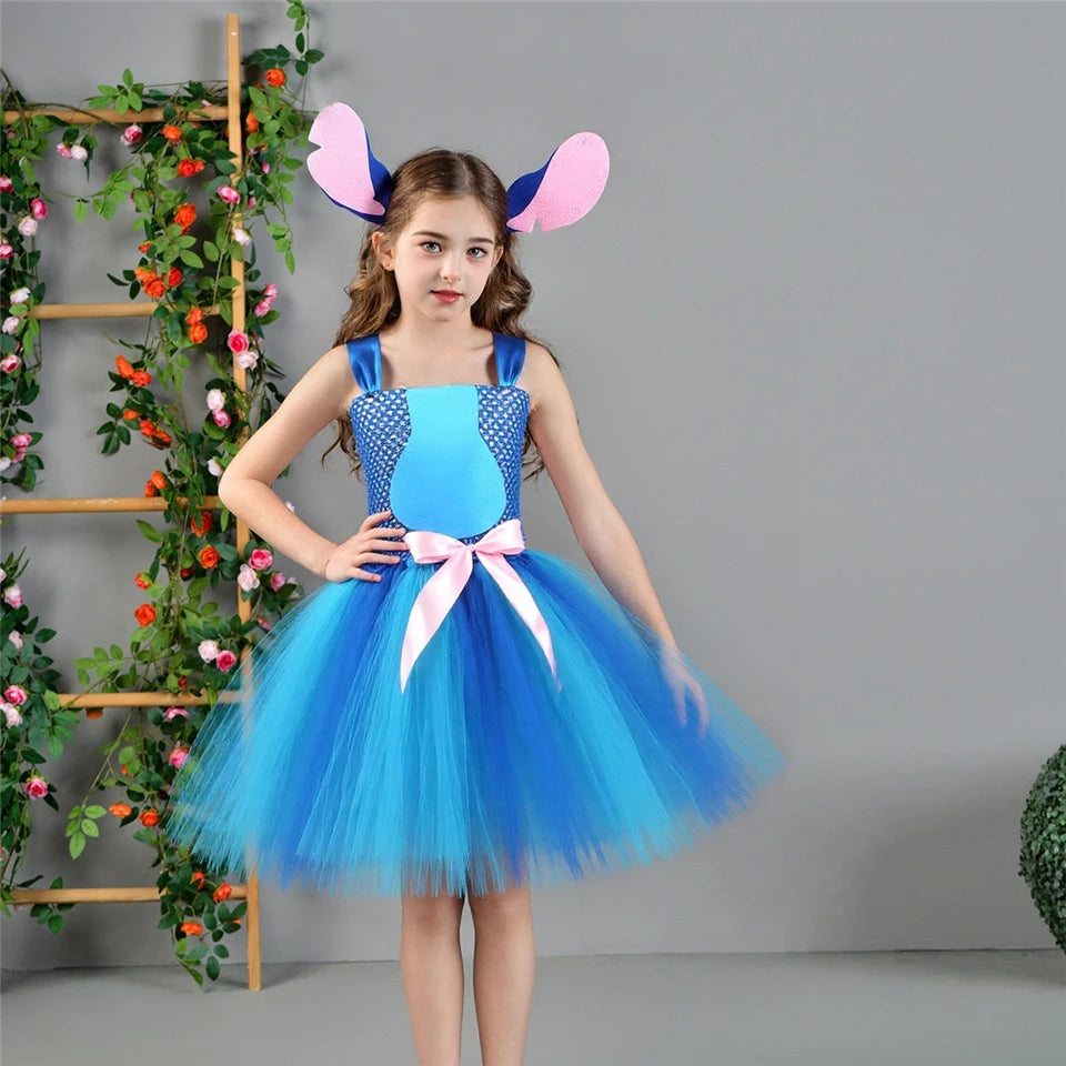Movie Girls Alien Dog Costume Cartoon Blue Tulle Festival Dress Lilo Tutu Dress Maia Kealaha  Live-action Character Dress Up