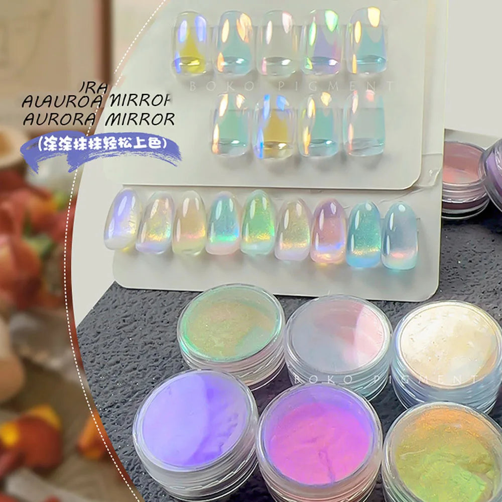Aurora Holographic Nail Art Powder – Chrome Mirror Effect Glitter for UV/LED Nails