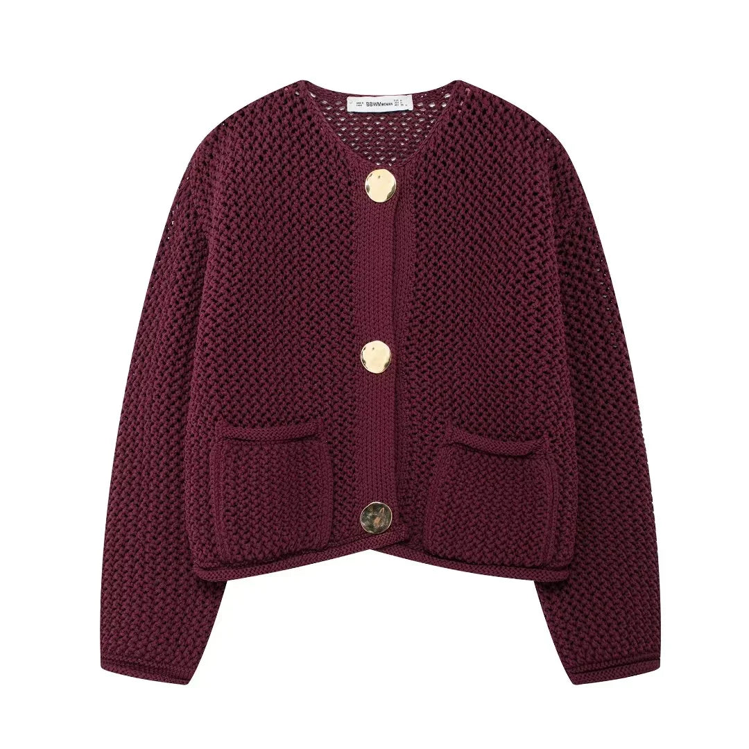 TRAF Knitted Sweater Cardigan For Women Autumn Long Sleeve Cropped Cardigans Ladies Outerwears Winter Button Knit Sweater