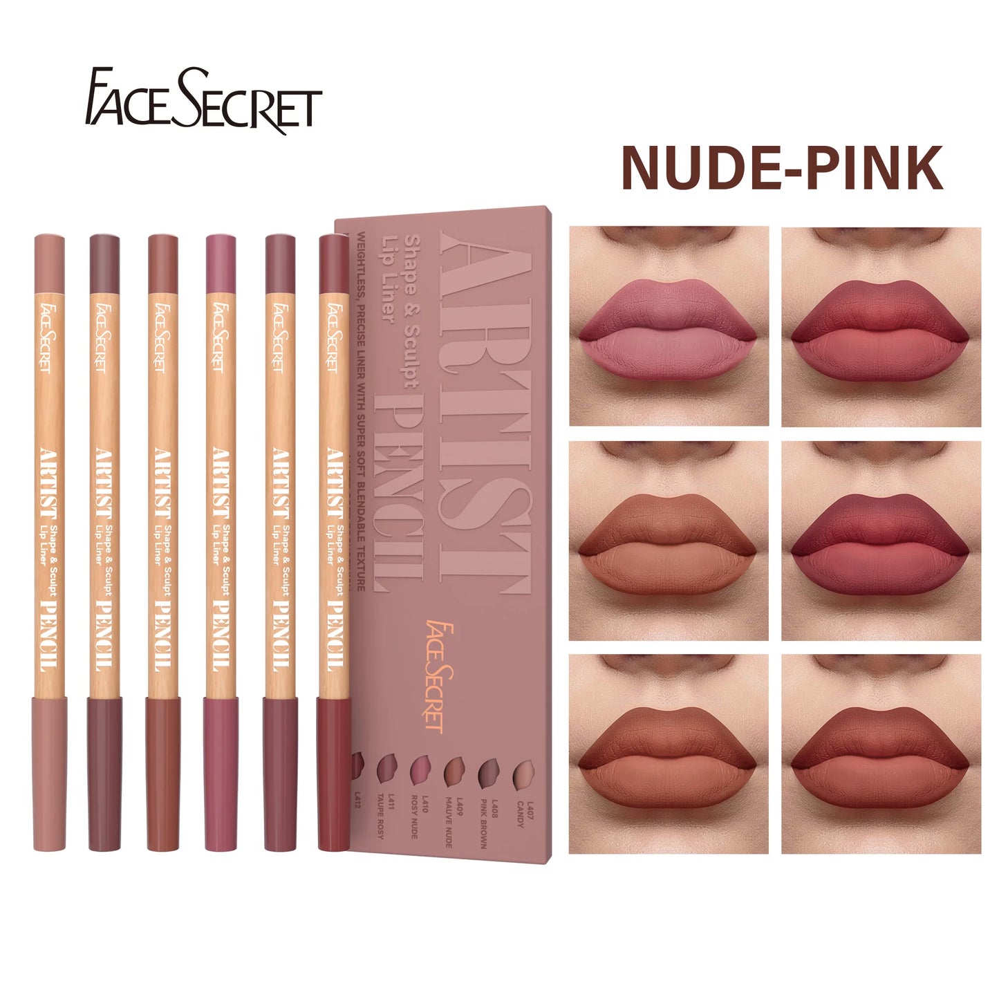 Face Secret Artist Shape Sculpt Lip Liner Pencil Set, Weightless Precise Liner with Super Soft Blendable Texture Matte Soft