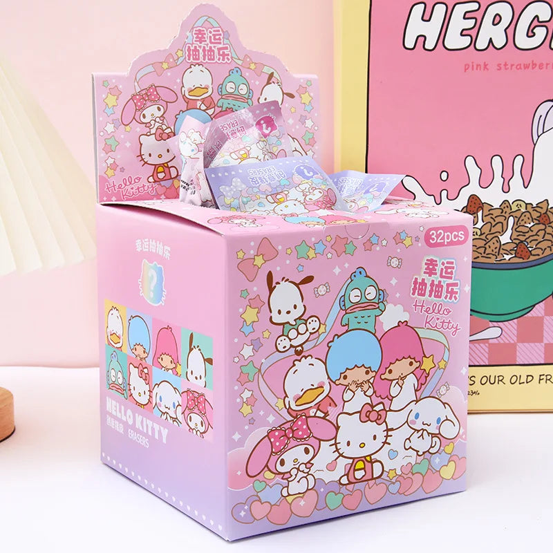 Sanrio Kawaii Eraser Set – 32pcs 3D Cartoon Rubber with Kuromi, Hello Kitty & Friends for Students & School Gift Kits