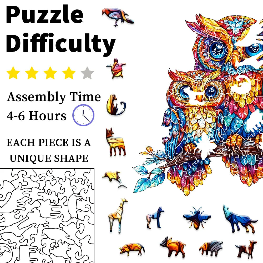 Wooden Puzzles for Adults - Embossed Owl Wooden Jigsaw Puzzle: Unique Shape, Premium Craftsmanship | Ideal Family Gift & Wall Ar
