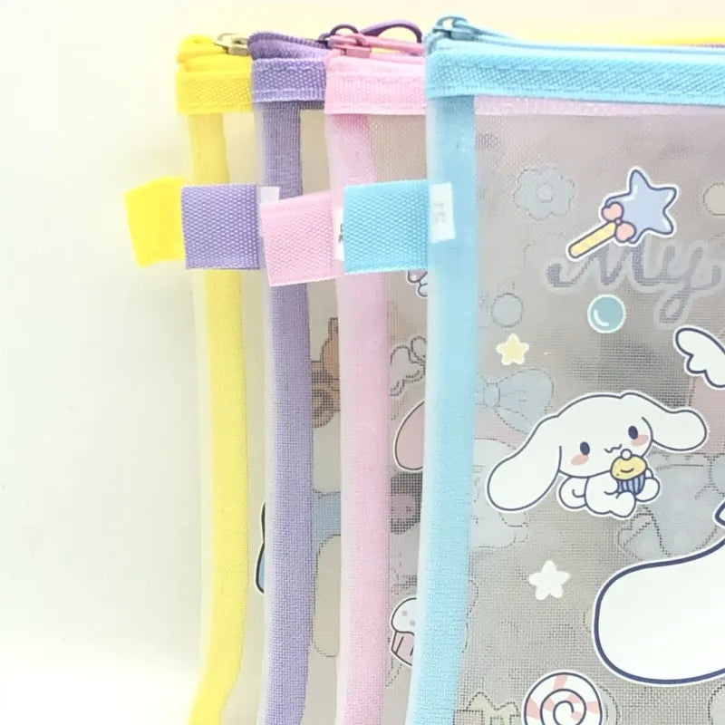 Sanrio A5 Mesh Zipper Pouch – Cute Melody, Kuromi & Cinnamoroll Document Organizer for School & Stationery Fans