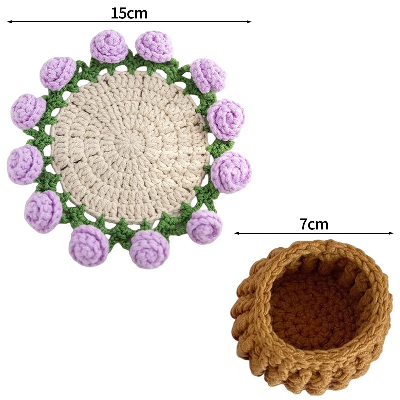 Crochet Flower Coaster Hand Knitted Coaster Rose Placemat Table Ornament Cup Pad Crochet Flower Cupmat Creative Coaster Gifts