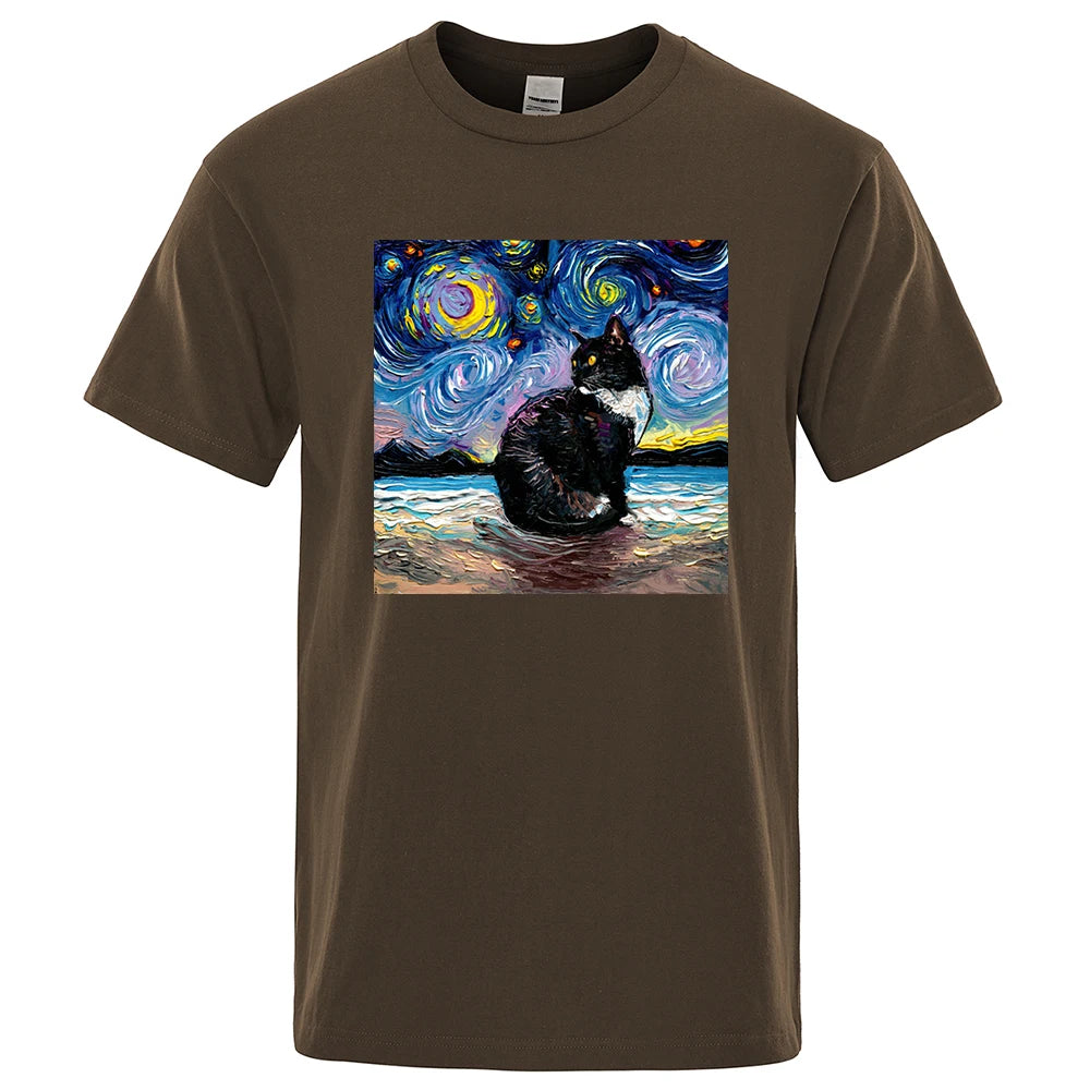 Cat Starry Sky Universe Funny Tshirt Men Casual Breathable Summer Tshirts Oversized Loose T Shirt Brand Cotton Clothing Man