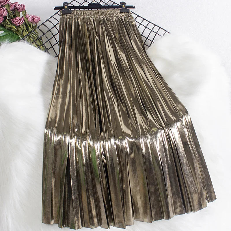 SISHION 2025 New Spring Shiny Long Midi Skirts for Women SS0039 Elastic Waist Metallic Elegant Fashion Golden Black Pink Skirt