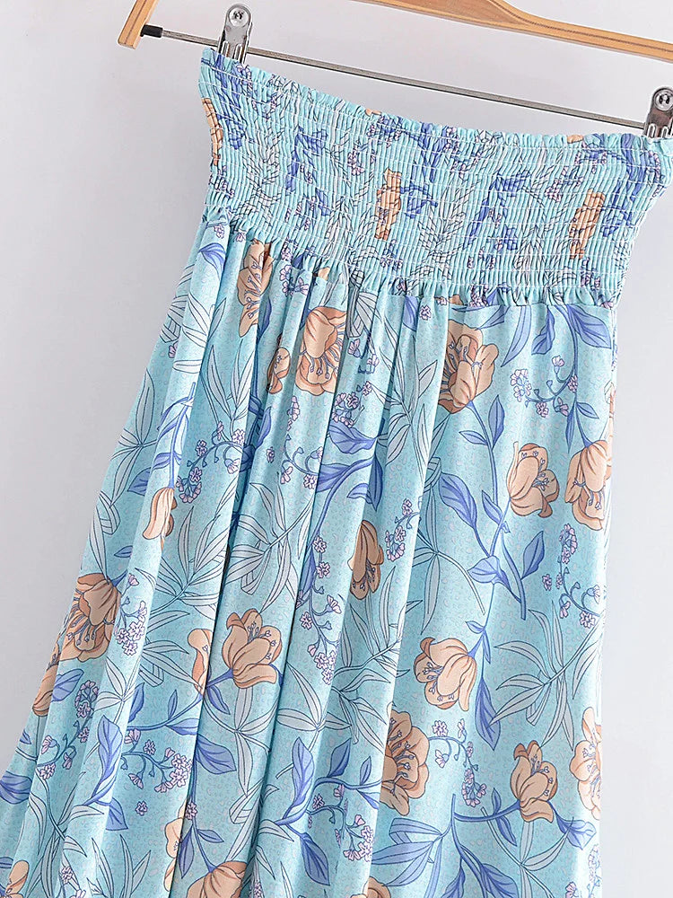 Vintage Chic Summer Fashion Women Floral Print Beach Bohemian Long Skirts High Elastic Waist Maxi  A-Line Boho Skirt Femme