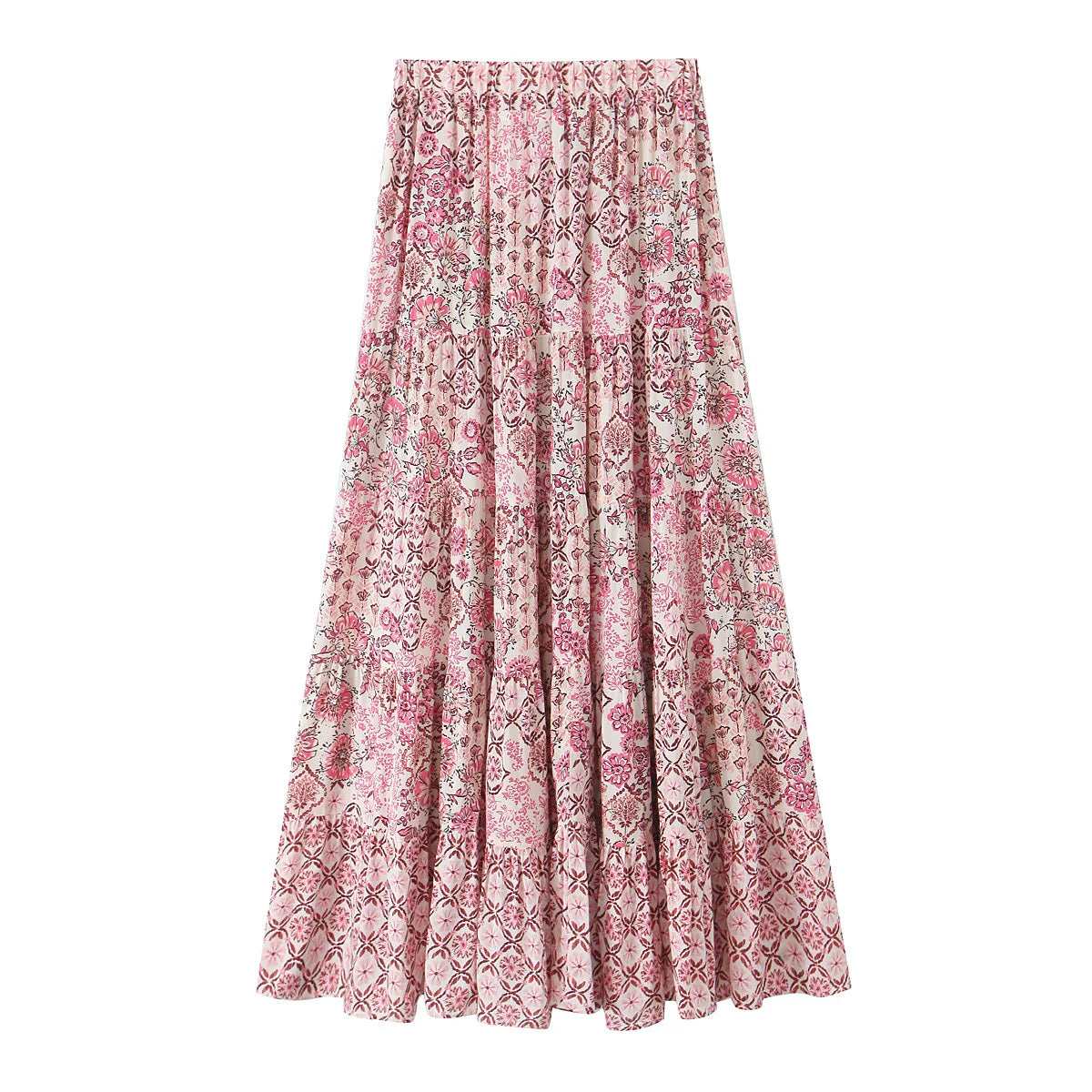 Elegant Women Holiday Wind Floral Print Tirred Ruffles Long Skirt Faldas Mujer Female Summer Elastic Waist Skirts QUN9083