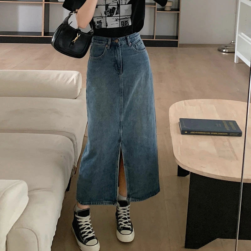 Women's Denim Wrap Skirts Retro High Waisted Split A-line Denim Skirt Autumn Fashion Straight Skirt Female