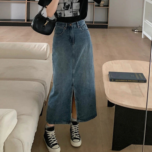 Women's Denim Wrap Skirts Retro High Waisted Split A-line Denim Skirt Autumn Fashion Straight Skirt Female