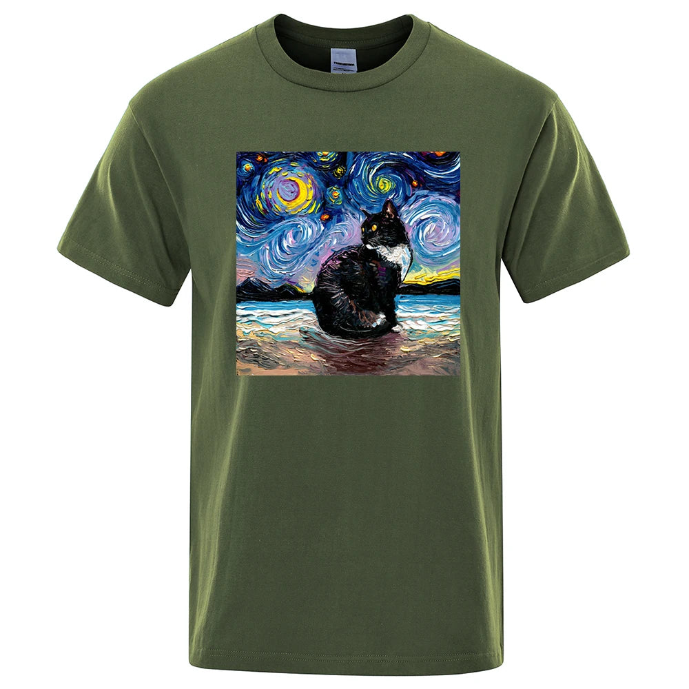 Cat Starry Sky Universe Funny Tshirt Men Casual Breathable Summer Tshirts Oversized Loose T Shirt Brand Cotton Clothing Man